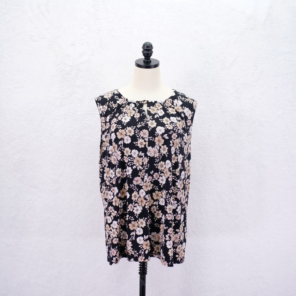 Liz Claiborne -XL- Black Pink Floral Blouse Sleeveless Ruffle Neck Top Polyester
